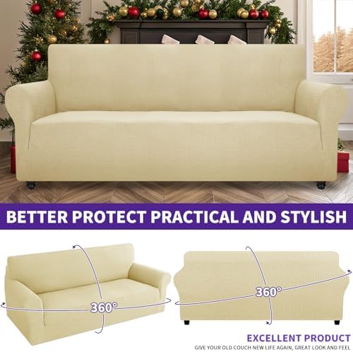 ZNSAYOTX Stretch Oversized Couch Cover Universal Sofa Covers for Living Room Dogs Pet Furniture Protector Spandex Extra Large Sofa Slipcovers with Anti Slip Foam Sticks (Beige, XL Sofa)