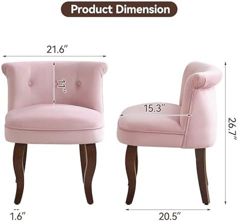 WUTUTUEE Velvet Vanity Chair with Back, Tufted Upholstered Vanity Stool with Solid Wood Legs, Mid Century Small Makeup Chair for Vanity, Accent Chair for Bedroom, Living Room, Pink