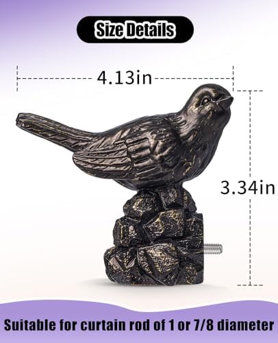 Bird-Shaped Decorative Curtain Rod Finials, 1 or 7/8 Inch, Easy Install, Set of 2 – Vintage Oil Bronze