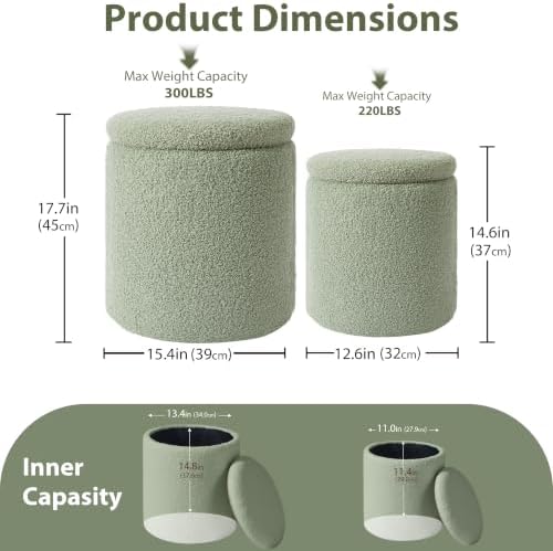 Royal Windsor Round Ottoman with Storage Set of 2, Storage Vanity Stool