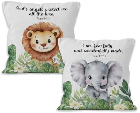 Christian Animal Nursery Throw Pillow Cover 18x18, Bible Verse Lion Elephant Decorative Pillow Covers for Kids Nursery Room Bedroom Playroom, Religious Accent Pillows Cover Pillowcases, Set of 2