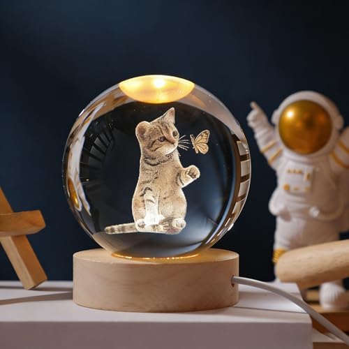 Glowing Crystal Ball 3D Inner Carved Small Light with Wood Base, Decorative Creative Gift Luminous Crystal Ball for Christmas Classmates and Kids Birthday (CuriousCat)