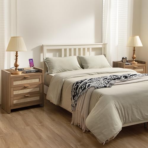 SICOTAS Rattan Night Stand Set of 2 : Bedside Table with 3 Large Drawers