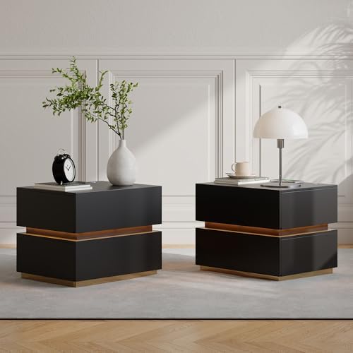 homary Smart Nightstand Set of 2 with Wireless Charging Station, USB & Type-C Ports, LED Light – Modern Black Bedside Table for Bedroom Storage (Black, 2 Drawers)
