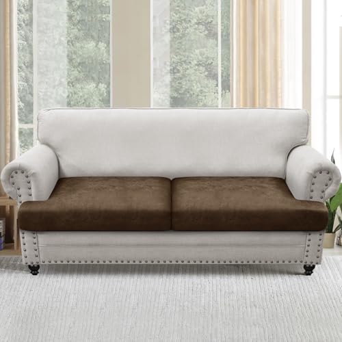 T Cushion Sofa Slipcovers Leather-Look 2PC Stretch Sofa Cushion Covers for 2 Cushion Couch Individually Couch Seat Cover with Elastic Bands, Pet-Friendly, Non-Slip, Easy Fit - Dark Brown
