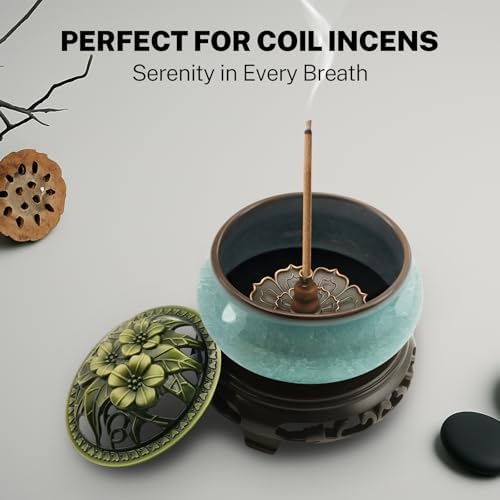 Ceramic Incense Burner with Lotus Incense Holder, Multi-Functional Incense Burner Holder for Incense Sticks, Coil Incense and Cones, Perfect Home Decor (Blue)