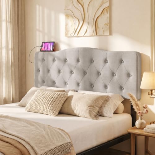 KOMFOTT Modern Headboard with Charging Station for Queen & Full Bed, Gray
