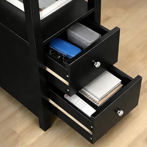 SUPER DEAL End Table Set of 2, Narrow Side Table with 2 Drawers and Storage Shelf, 3 Tier Sofa Table Couch SideTable for Living Room Bedroom Apartment Small Spaces, Black