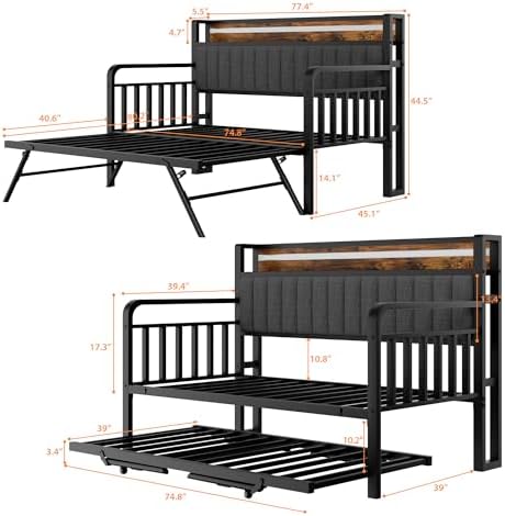 Daybed with Trundle and LED Light, Heavy Duty Metal Twin Bed Frame with Upholstered Storage Headboard & Charging Station, Day Bed Pop Up Trundle Bed Twin for Living Room,Bedroom and Guest Room, Brown