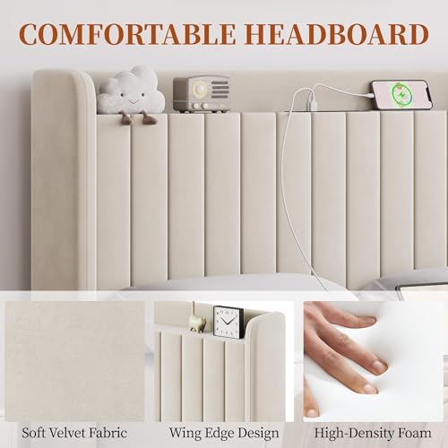Yaheetech Full Bed Frame with Channel-Tufted Headboard, USB/AC Ports, Beige