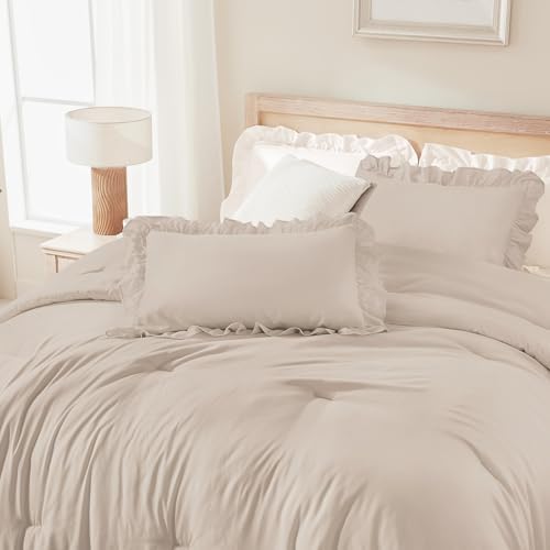 Andency Khaki Ruffle Comforter Twin Size, 2 Pieces Soft Bed Set