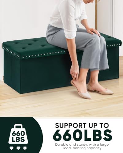 B FSOBEIIALEO Storage Ottoman Bench, 43" Velvet Ottoman With Storage, Green