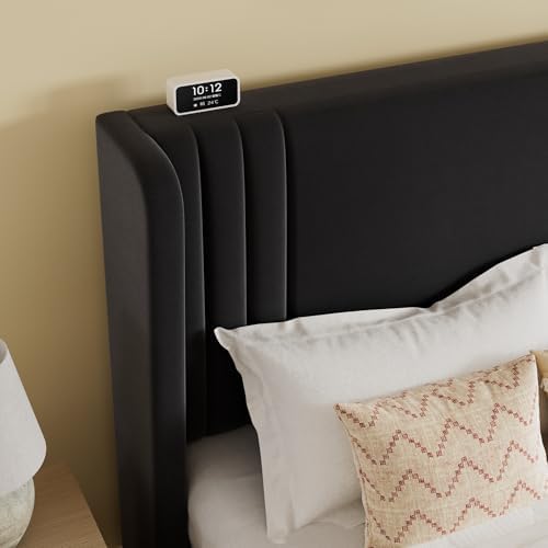 SHA CERLIN King Velvet Upholstered Bed Frame, Wingback Headboard, Black