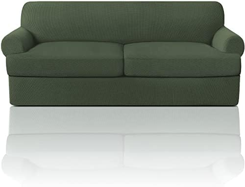 PrinceDeco T Cushion Sofa Slipcover 3 Pieces for Sofa, Soft Couch Cover, Furniture Covers with 2 Individual T Cushion Shape Seat Covers Width Up to 88 Inch, Washable, Bronze Green