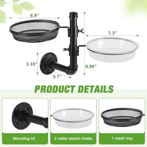 Urban Deco Metal Wall Mounted Bird Feeder & Bath Combo for Balcony, Fence, Yard — Detachable Seed Tray + 2 Water Bowls, Easy Clean, Black | Attracts Cardinals, Chickadees, Finches