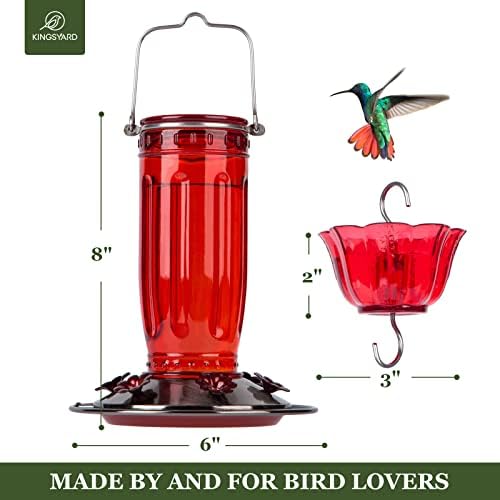 Kingsyard 2 Pack Glass Hummingbird Feeder for Outdoors, 16 Oz Wild Bird Feeder with 6 Feeding Ports Hanging for Garden Yard, Red (Ant Moat Included)