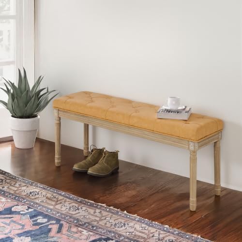 LUE BONA 44" Leather End of Bed Bench, Upholstered Tufted French Bedroom Bench with Carved Wood Legs for Bedroom End of King Size Bed, Living Room, Honey Tan