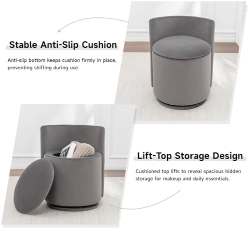 MINCETA Vanity Chair with Storage, 360° Swivel Accent Chair, Gray