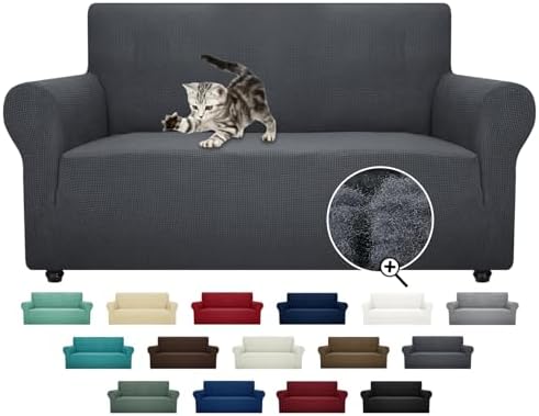 ZNSAYOTX Super Stretch Couch Cover Love Seat Sofa Covers for Living Room Dogs Pet Friendly Furniture Protector Spandex Loveseat Slipcovers with Anti Slip Foam Sticks (Dark Grey, Loveseat)