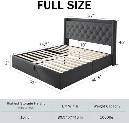 GalnFu Full Size Bed Frame with Storage, Upholstered Full Lift up Storage Bed Frame with Charging Station, Button Tufted Headboard, No Box Spring Needed, Easy Assembly, Noise Free, Dark Gray