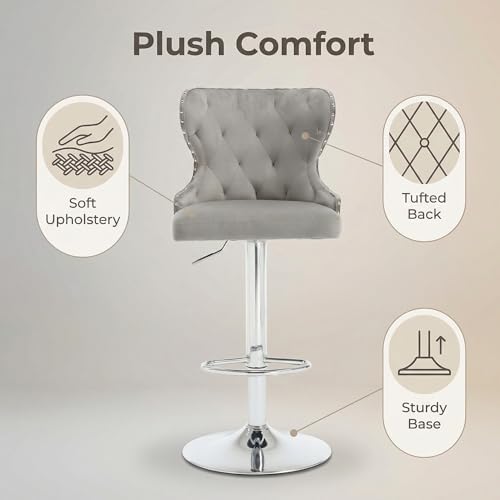 Set of 2 Adjustable Swivel Bar Stools, Velvet Upholstered Counter Height Chairs with Nailhead Trim, Silver Footrest, and High Back for Kitchen Island, Home Bar, Dining Room, Cafe,Gray