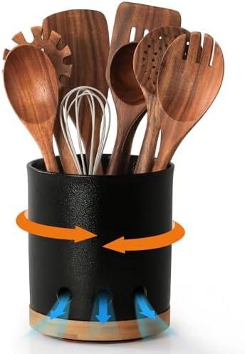 LoeJan 360° Rotating Ceramic Utensil Holder for Kitchen Countertop – Cooking Utensil Crock Organizer with Non-Slip Cork Base for Farmhouse Kitchen Decor, Textured Black