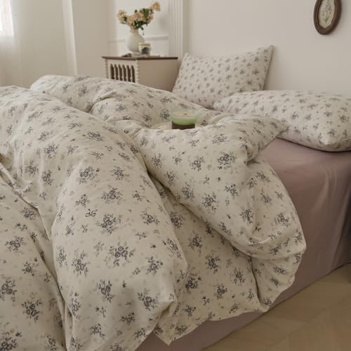 Floral Duvet Cover Queen Cotton Double Gauze Comforter Cover Queen Size Aesthetic Boho Cottagecore Vintage Duvet Cover Set with Zipper Country Soft Bedding Set for Girls Duvet Protector