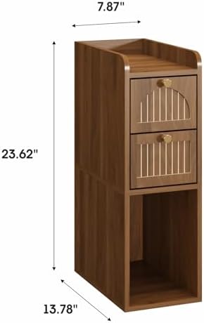 7.87" Narrow Nightstand, Fluted Slim Bedside Table with 2 Drawers, Mid Century Modern Small End Table with Gold Metal Handles, for Bedroom, Living Room & Small Spaces - Walnut