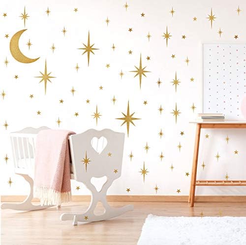 Retro Starburst Wall Decals Stars Wall Sticker Star Moon Vinyl Decal Golden