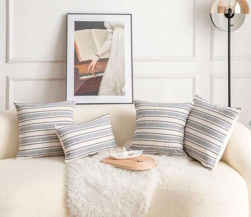 Cethom Decorative Boho Throw Pillow Covers, Farmhouse Textured Pillow Case, 22 x 22 Inch Set of 2, Chair Sofa Bedroom Living Room Decor Couch Cushion Case, Navy Blue and Beige Striped