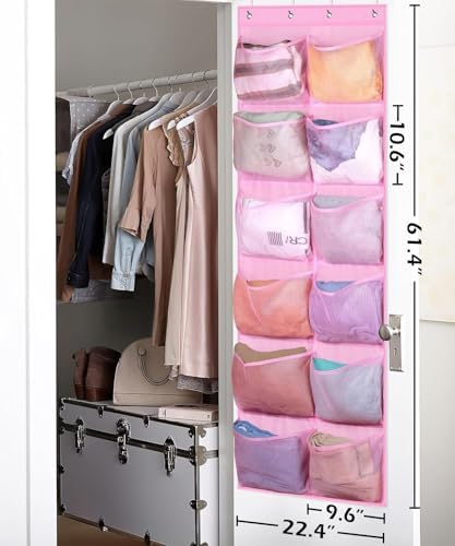 12 Large Mesh Pockets Over the Door Shoe Organizer for Closet Hanging Shoe Rack for Door Sneaker Hanger Boot Storage for Kids, Baby, Toddler, Girl, Pink