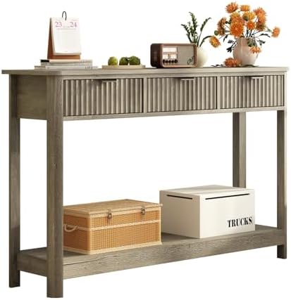 RUSTOWN Fluted Wood Console Table with 3 Drawers, 47.2" Boho Entryway Table