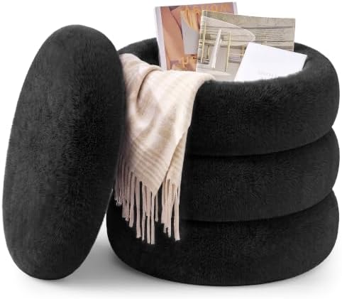 SONGMICS Round Ottoman with Storage, Vanity Stool, Plush Fabric