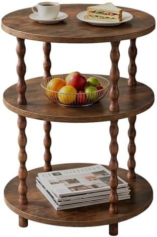 Round Side Table, 3-Tier End Table with Storage, Rustic Brown