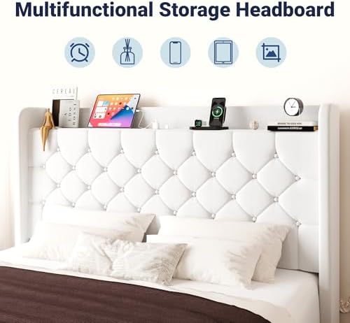 Allewie King Size Bed Frame, Storage Headboard & Charging Station, White