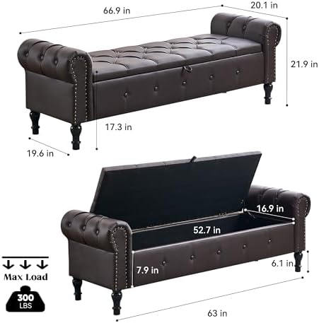 Storage Bench 67" Faux Leather End of Bed Benches Dark Brown