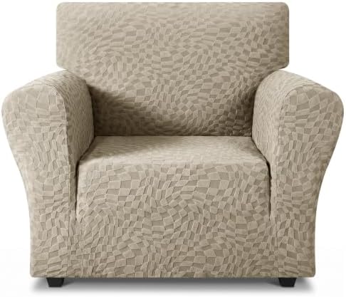 ZNSAYOTX 1 Piece Stretch Chair Cover with Arms (34"-44"), New Plaid Armchair Cover with Elastic Band for Living Room, Ultimate Soft Cozy Washable Chair Slipcover Form Fit Protector, Khaki