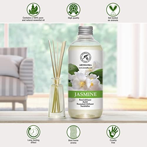 Jasmine Reed Diffuser Refill w/Natural Essential Jasmine Oil 17 Fl Oz - Fresh & Long Lasting Fragrance - Scented Reed Diffuser Oil Refill - Best for Aromatherapy - SPA - Home