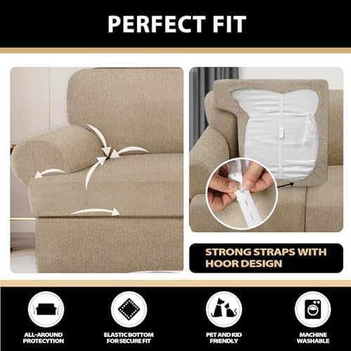 3 Pieces Sofa Covers fot T Cushion Loveseat Slipcover, Sofa Stretch Slip Covers for 2 Cushion Couch with 2 Individual T Shape Seat Covers (Island Fossi, 2 Cushion)