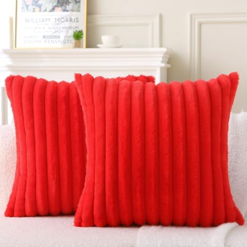 Decorative Throw Pillow with Inserts, Set of 2 Soft Faux Fur Throw Pillows, Square Boho Striped Pillow for Couch, Bed, Sofa Decor