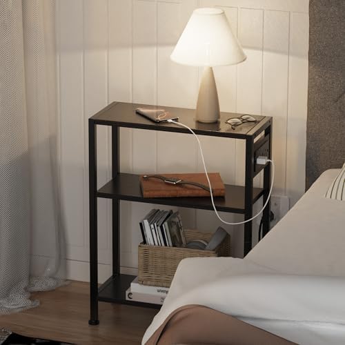 End Table with Charging Station, 3-Tier Side Table for Small Space, Skinny Nightstand with USB/Type C Port and 2 Outlets, Slim Sofa Beside Table for Living Room, Bedroom and Balcony, Black