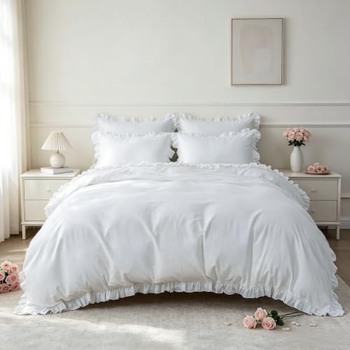 Simple&Opulence Kids 100% Organic Cotton Duvet Cover with Ruffle 68 x 86-2 PCS High End Floral Frill Lace Bedding, Romantic Cottagecore Style Comforter Cover with 1 Pillowcase, White Twin
