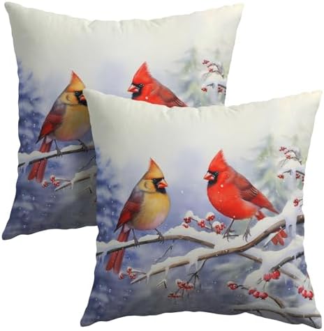 Cardinal Birds Throw Pillow Cover Winter Sweet Bird Pillowcase 18x18 Inch Set of 2 Christmas Holiday Cushion Covers for Home Patio Sofa Bedroom Decor