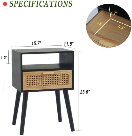 MaxSmeo Mid Century Modern Nightstand with Charging Station, Bedside Tables with Rattan Drawer, Small Wood Nightstand Side Table for Living Room,Bedroom (Black)