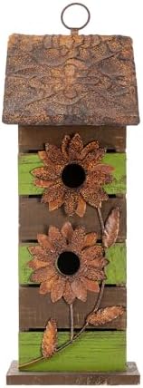 Glitzhome Bird Houses for Outside, 14.45" H Wooden Garden Hanging Bird House Two-Tiered Distressed with Flowers Decorative Birdhouse for Outdoors