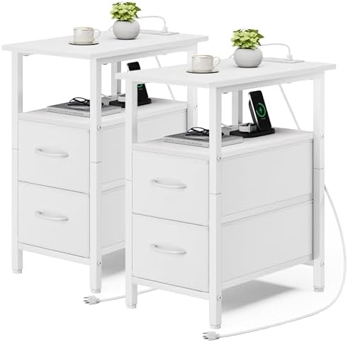 Vagusicc End Table with Charging Station Set of 2, Narrow Side Table, 23.8'' Tall Nightstand with 2 Drawers, Small Sofa Side Table Narrow Nightstand for Small Spaces, Living Room, Bedroom, White