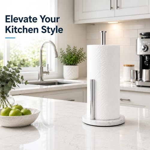 Chrome Paper Towel Holder for Kitchen Countertop, 304 Stainless Steel Roll Dispenser with White Engineered Marble Weighted Base, Freestanding Paper Towel Stand for Standard Rolls