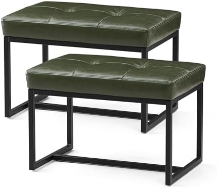 Glitzhome Ottoman Bench Pack of 2, Modern PU Leather Vanity Stools Chairs with Metal Frame, Makeup Stool Padded Foot Rest Stool for Living Room Vanity, Entryway, Bathroom,Green