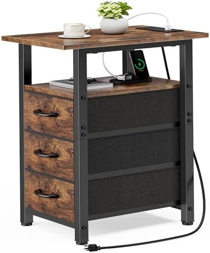 Vagusicc End Table with Charging Station, Narrow Side Table, Narrow Nightstand with 3 Fabric Drawers, Slim Sofa Side Table for Small Spaces, Small Night Stand for Bedroom, Rustic Brown