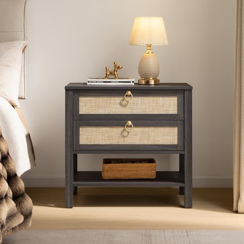 SICOTAS Rattan Nightstand Set of 2, Wide Boho Bedside Table with 2 Drawers